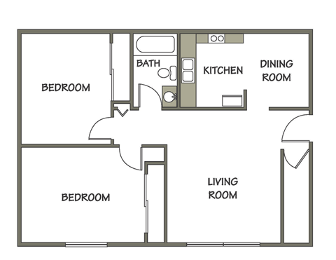 Floor plan for 2 beds, 1 bath, 900 sqft